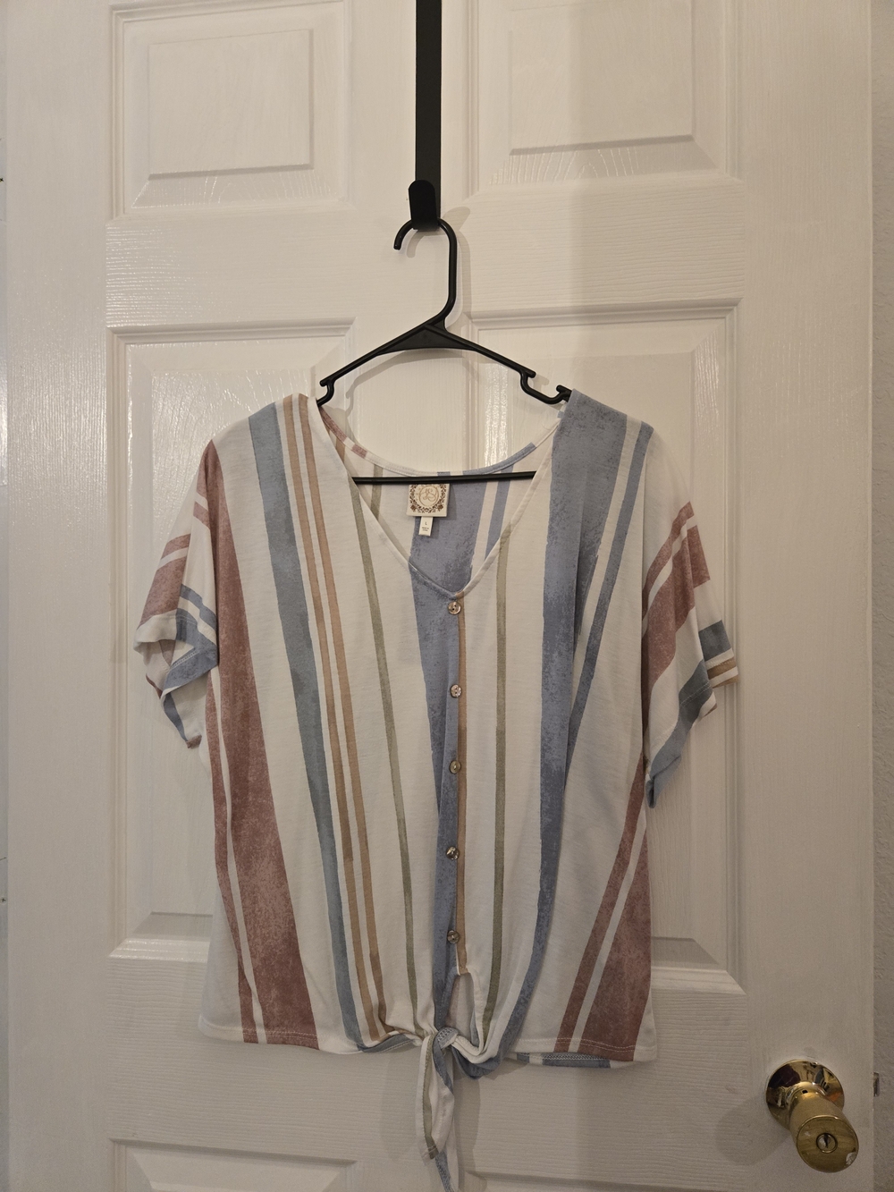 Tie-Front Striped V-Neck Blouse - Blue, Rust & Cream